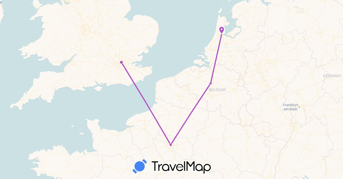 TravelMap itinerary: driving, train in Belgium, France, United Kingdom, Netherlands (Europe)