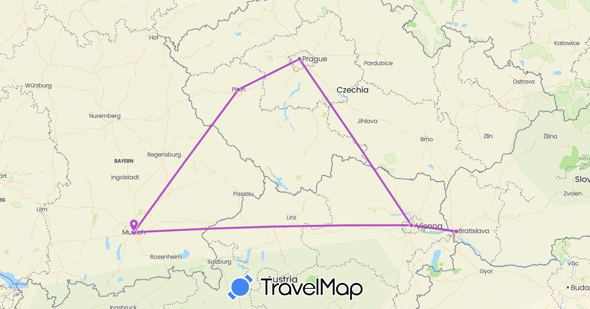 TravelMap itinerary: driving, train in Austria, Czech Republic, Germany, Slovakia (Europe)
